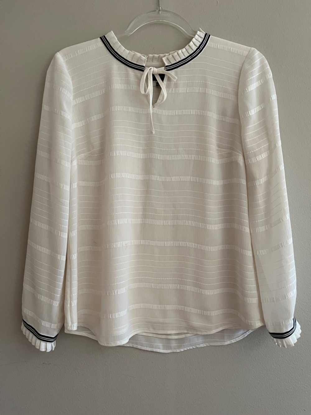 Talbots Ivory Long-Sleeve Tie-Neck Blouse with Navy Trim